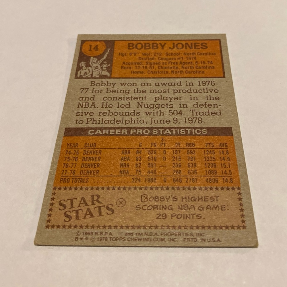 Bobby Jones 1978 Topps Basketball Card # 14 Denver Nuggets Vintage Collectible - Picture 2 of 3